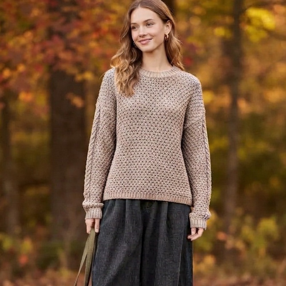 Women Sz S Sweater Taupe Chunky Open Knit Relaxed Fit Pullover Fisherman Grandpa